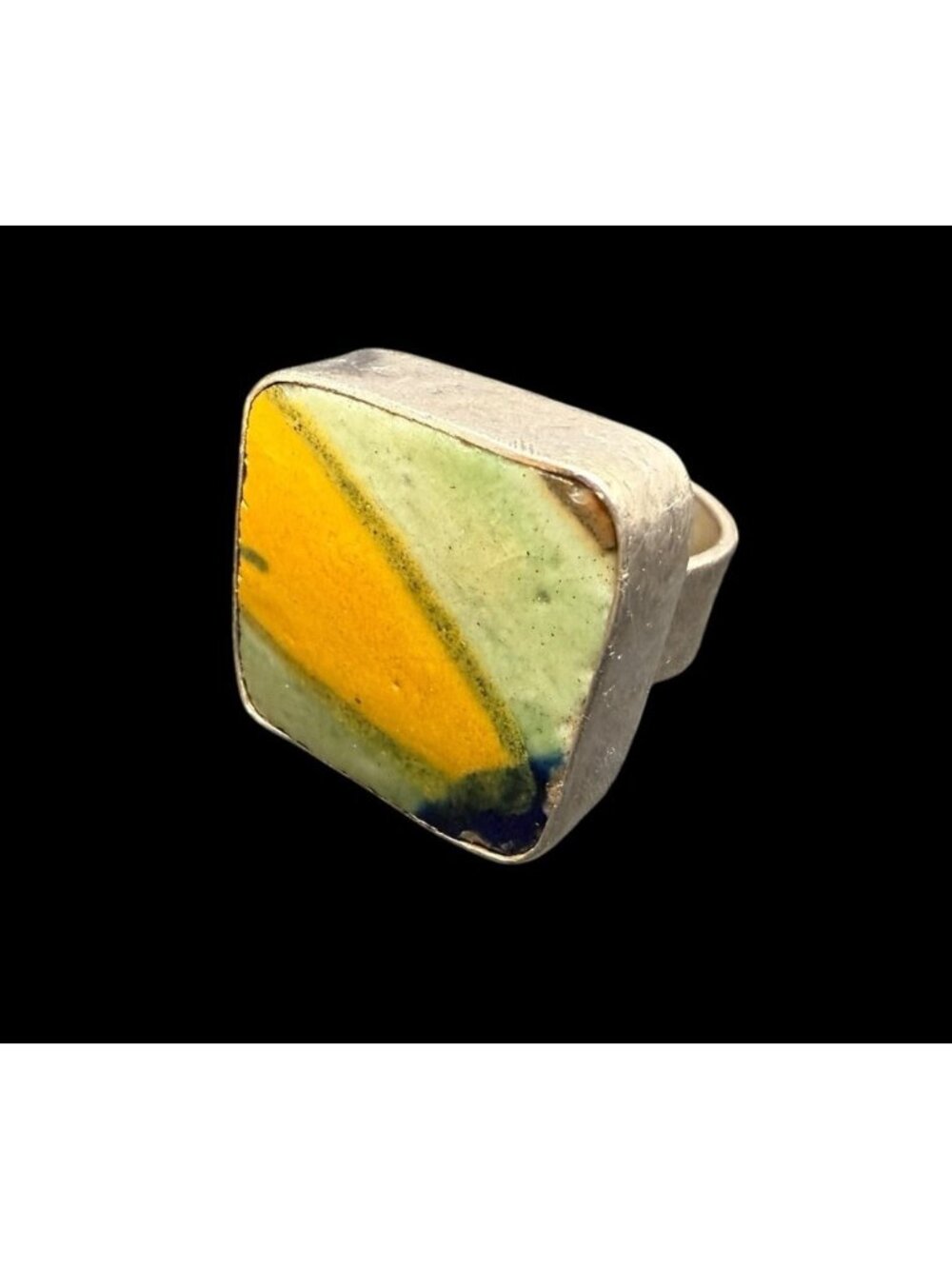 Vintage Sterling Silver Ceramic Square Ring Mosaic Tile Wide Band Size 6